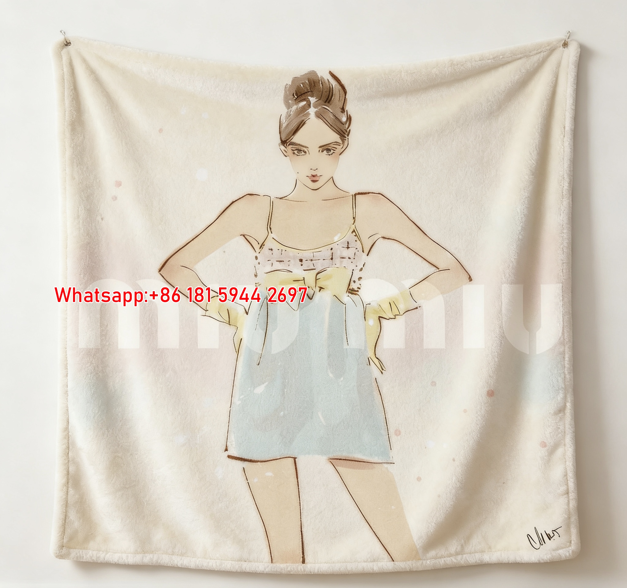 Miu Miu Pastel Light Blue & Cream Fashion Girl Print Flannel Throw Blanket IMG_0588
